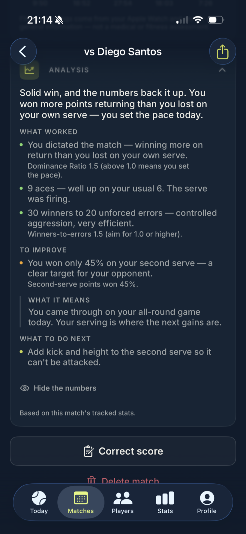 Latuvo match read — your stats turned into plain-English coaching.