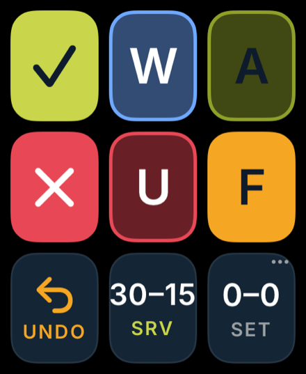 Latuvo live scoring on Apple Watch — point buttons with current game and set score.